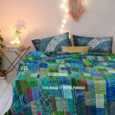 Multicolored One-Of-A-Kind Silk Patola Kantha Quilt - Twin Size