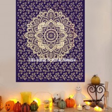 Blue & Gold Lotus Mandala Tapestry - Poster Size 30X45 Inch