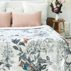 Grey Owls Sitting on Tree Bohemian Indian Kantha Quilt Blanket Bedspread - Twin Size 