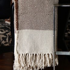 Brown Beige Diamond Pattern Boho Cotton Throw Blanket with Tassel Fringes - 50 x 70 Inch for Everyday Use