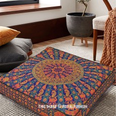 Blue Yellow Ghoomar Boho Mandala Square Floor Pillow Cover - 36x36 Inch