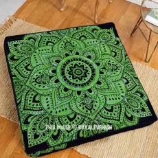 Black Green Lotus Mandala Large Boho Square Floor Pillow Cover - 36X36 Inch