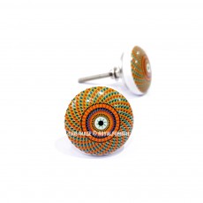 Orange Multi Floral Circle Bohemian Vintage Style Handmade Ceramic Knob Set of 2  for Cupboard, Dresser & Kitchen Cabinets