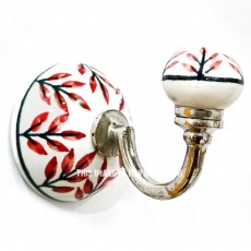 White Red Floral Leaf Branch Vintage Hand Painted Porcelain Ceramic Wall Hook Towel Hook