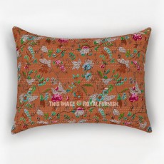 Peach Multi Floral Style Boho Kantha Bed Pillow Cover Set of Two - Standard 20X26 Inch
