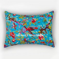 Turquoise Multi Bird Paradise Ikat Kantha Bed Pillow Cover Set of Two - 20X26 Inch Standard Size