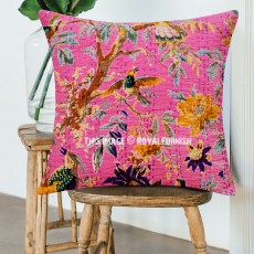 Pink Multi Boho Bird Paradise Kantha Quilted Throw Pillow Cover 16X16 Inch