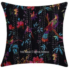 Large Black Birds Floral Bohemian Decorative Square Kantha Throw Pillow Cover - 24X24 Inch