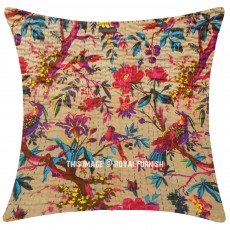 Large Beige Birds Floral Bohemian Decorative Square Kantha Throw Pillow Cover - 24X24 Inch