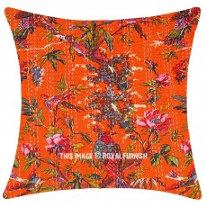 Large Orange Birds Floral Bohemian Decorative Square Kantha Throw Pillow Cover - 24X24 Inch