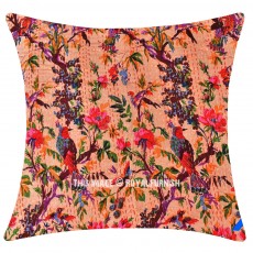 Large Peach Birds Floral Bohemian Decorative Square Kantha Throw Pillow Cover - 24X24 Inch