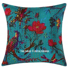 Large Teal Birds Floral Bohemian Decorative Square Kantha Throw Pillow Cover - 24X24 Inch