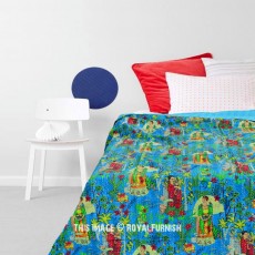 Turquoise Multi Frida Kahlo Printed Bohemian Indian Kantha Quilt Blanket Bedspread - Twin Size