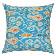 24" Turquoise Multi Indian Ikat Kantha Indoor/Outdoor Square Throw Pillow