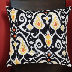 16" Black ZigZag Ikat Paisley Kantha Cotton Throw Pillow Cushion Cover