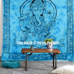 Blue Hindu Lord Ganesha Hindu Tie-Dye Cotton Tapestry Wall Hanging