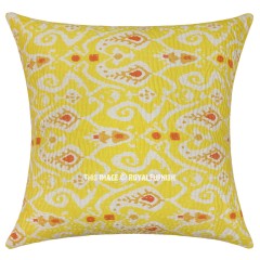24" Yellow Indian Kantha Cushion Pillow Covers Ethnic Decorative Art