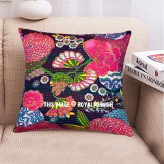 16" Indian Black Floral Cotton Kantha Throw Pillow Cover Sham