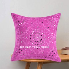 Pink Decorative Unique Boho Mirror Embroidered Cotton Pillow Cover 16X16 Inch