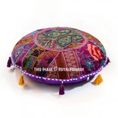 Purple Handmade Patchwork Indian Embroidered Round Floor Pillow
