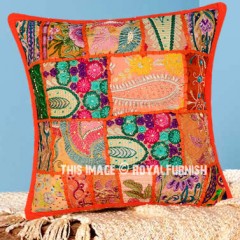 16" Inch Orange Needlepoint Patchwork Embroidered Toss Pillow Case