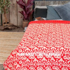 Red & White ZigZag Ikat Kantha Handmade Quilted Throw Blanket