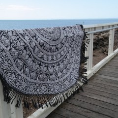 Elephant Black and White Mandala Fringed Roundie, Beach Round Towel Round Tablecloth