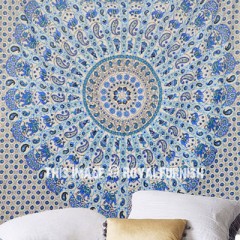 White & Blue Ghoomar Medallion Mandala Tapestry Wall Hanging