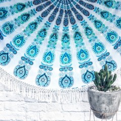 White and Blue Boho Mandala Round Beach Towel, Fringed Roundie