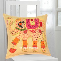 16" Beige Multi One-Of-A-Kind Unique Handcrafted Patchwork Embroidered Elephant Pillow Cover