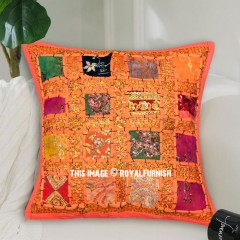 Orange Accent Sari Patchwork Cushion Cover 16x16 India Handmade