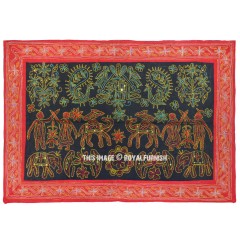 Elephant Birds Peacock Ari Work Hand Embroidered Wall Hanging Tapestry