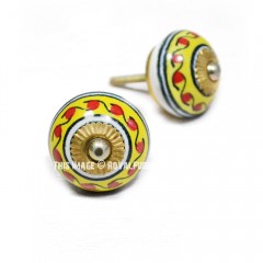 Yellow Circle Brass Finished Ceramic Knobs, Set of 2