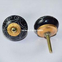 Set of 2 Black Hand Painted Ceramic Knobs