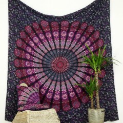 Tenture Murale Mandala Indienne 275x275cm - Marron Et Or - 100% Coton