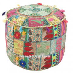 Green Bohemian Indian Vintage Handmade Round Floor Pouf Ottoman