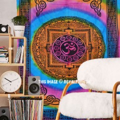 Small Tie Dye Hindu Aum Om Wall Tapestry, Indian Hippie Bedding Bedspread