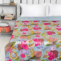 Grey Multi Tropicana Floral Printed Handcrafted Cotton Kantha Quilt Blanket Bedspread