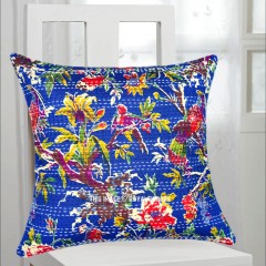 16" Dark Blue Birds Paradise Decorative Kantha Throw Pillow Cover