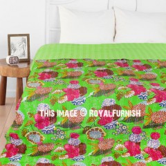 Green Multi Tropicana Fruit Flower Printed Cotton Kantha Bedspread Quilt Bedding