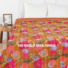 Brown Fruit Flowers Printed Hand Stitched Unique Cotton Kantha Bedspread Quilt Blanket