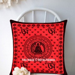Decorative Red Lotus Buddha & Aum Printed Throw Pillow Cover 16X16 Inch