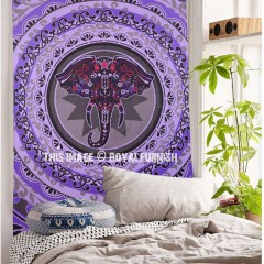 Small Purple Pink & Grey Elephant Face Circle Wall Tapestry