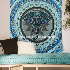 Small Twin Size Blue & Grey Elephant Face Circle Wall Tapestry
