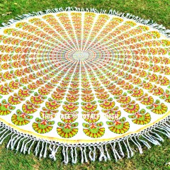 Yellow Peacock Wing Theme Based Mandala Roundie Beach Throw Round Tablecloth