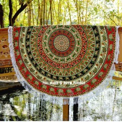 Beige Elephants Medallion Circle Cotton Roundie Sheet, Beach Towel Throw