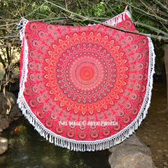 Red Multi Peacock Wings Circle Mandala Roundie Beach Throw