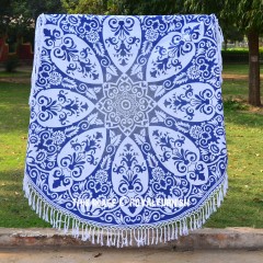 Blue Multi Flower Printed Ombre Mandala Roundie Beach Towel Throw