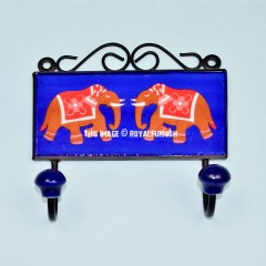 Elephants Featuring Hand Painted Blue Decorative Ceramic Wall Hook