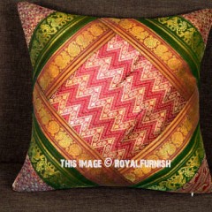 Red Multi One-Of-A-Kind Silk Sari Bohemian Throw Pillow Cover 16X16